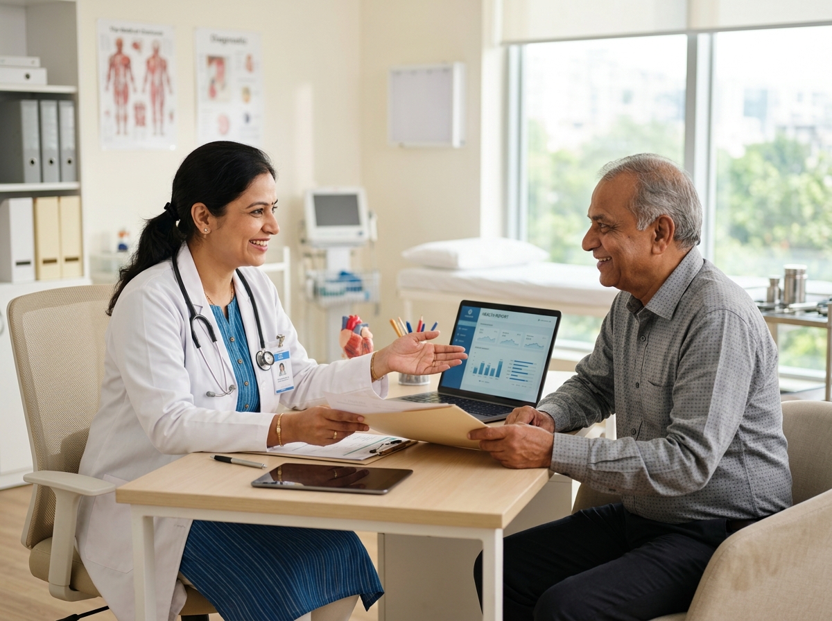 Doctor explaining diagnostic health report to patient